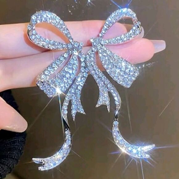 Jewelry - Silver Rhinestone Bow Drop Earrings